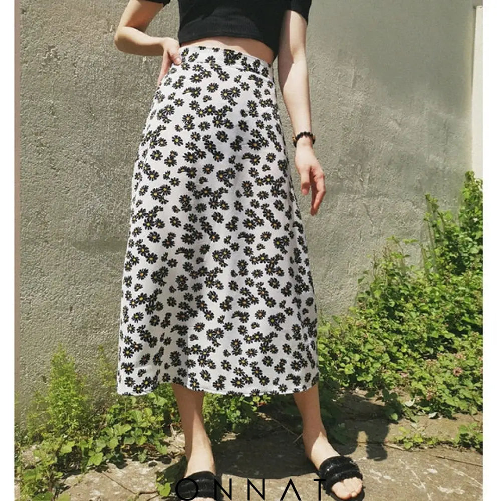 Floral Print Long Skirt White(Zipper Waist) / S Skirts