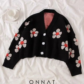 Flower Print Knitted Crop Cardigan One Size / Black Sweaters & Cardigans