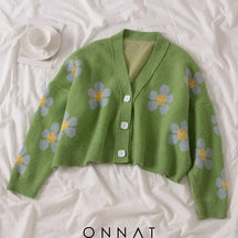 Flower Print Knitted Crop Cardigan One Size / Green Sweaters & Cardigans