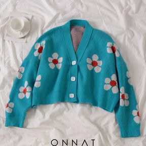 Flower Print Knitted Crop Cardigan One Size / Light Blue Sweaters & Cardigans