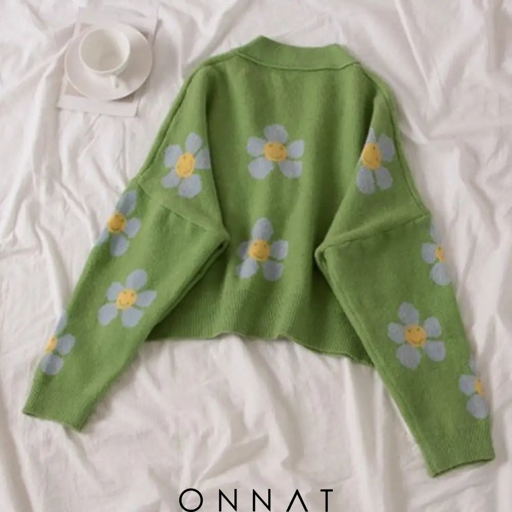 Flower Print Knitted Crop Cardigan Sweaters & Cardigans