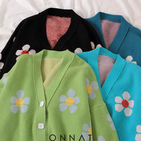 Flower Print Knitted Crop Cardigan Sweaters & Cardigans