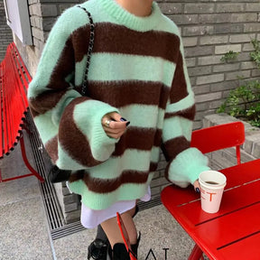 Fuzzy Knit Stripe Sweater Green / One Size Sweaters & Cardigans