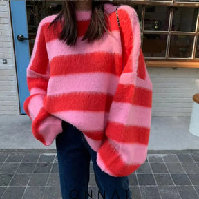 Fuzzy Knit Stripe Sweater Pink / One Size Sweaters & Cardigans