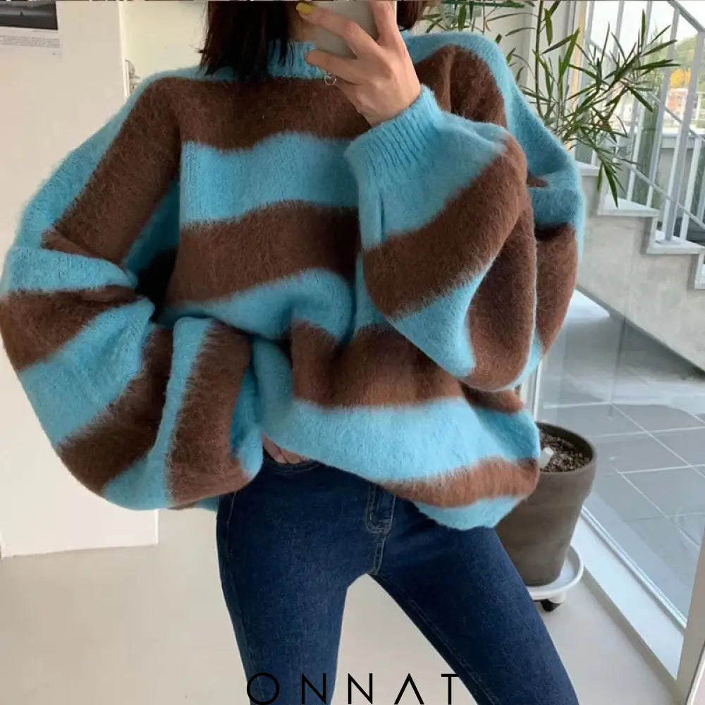 Fuzzy Knit Stripe Sweater Sky Blue / One Size Sweaters & Cardigans