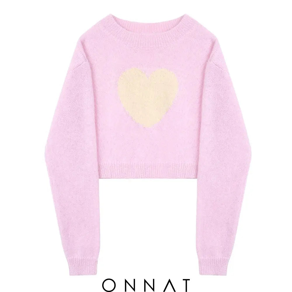 Heart Pastel Crop Sweater One Size / Pink Sweaters & Cardigans