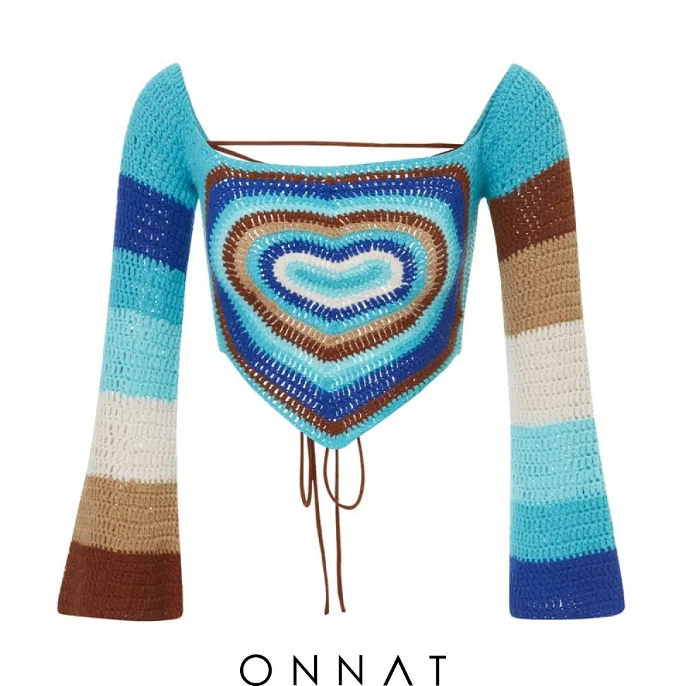 Heart Pattern Knitted Long Sleeve Crop Top Blue / S Sweaters & Cardigans