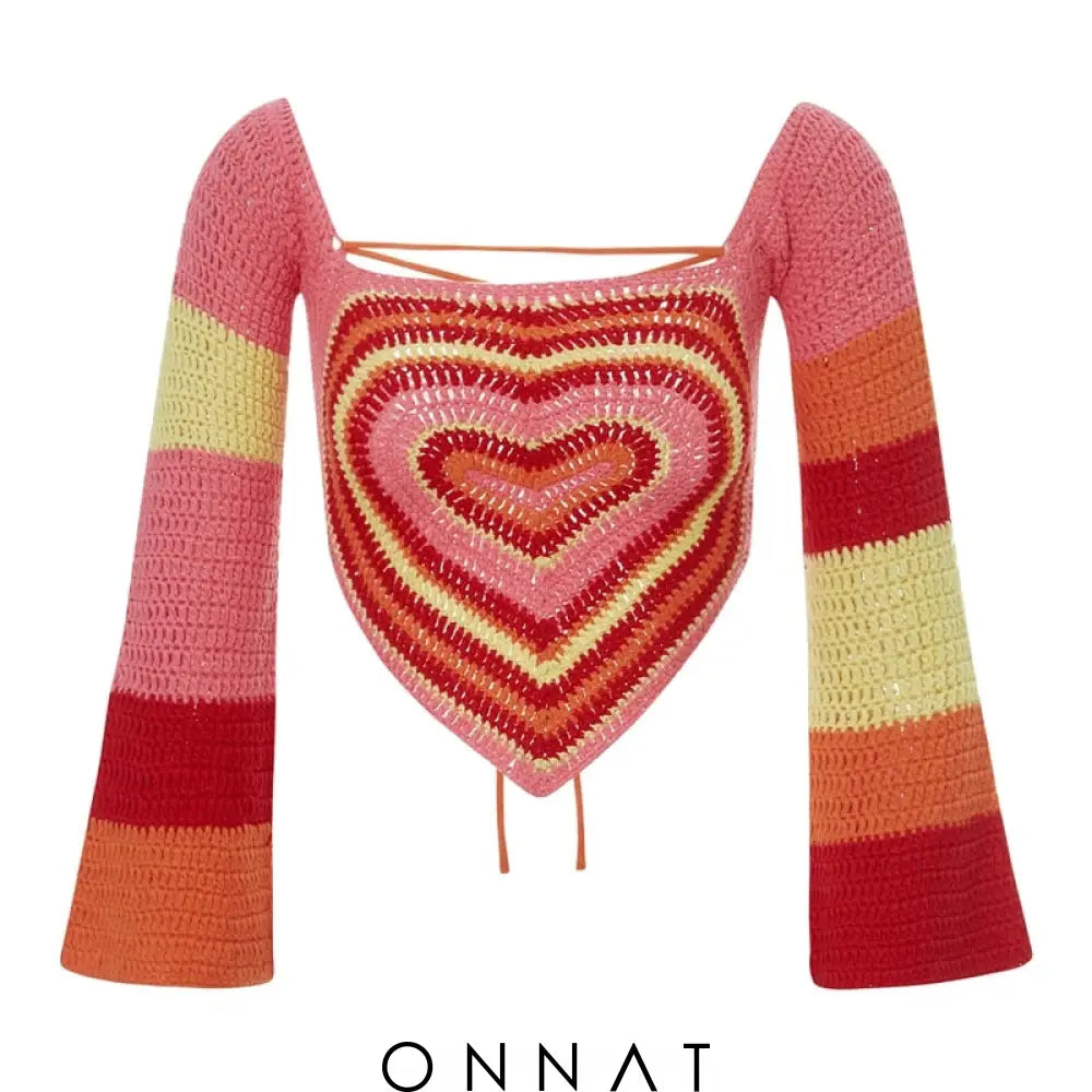 Heart Pattern Knitted Long Sleeve Crop Top Sweaters & Cardigans