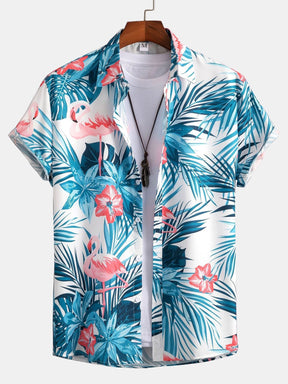 Camisa com botões e estampa tropical de flamingo e shorts de banho