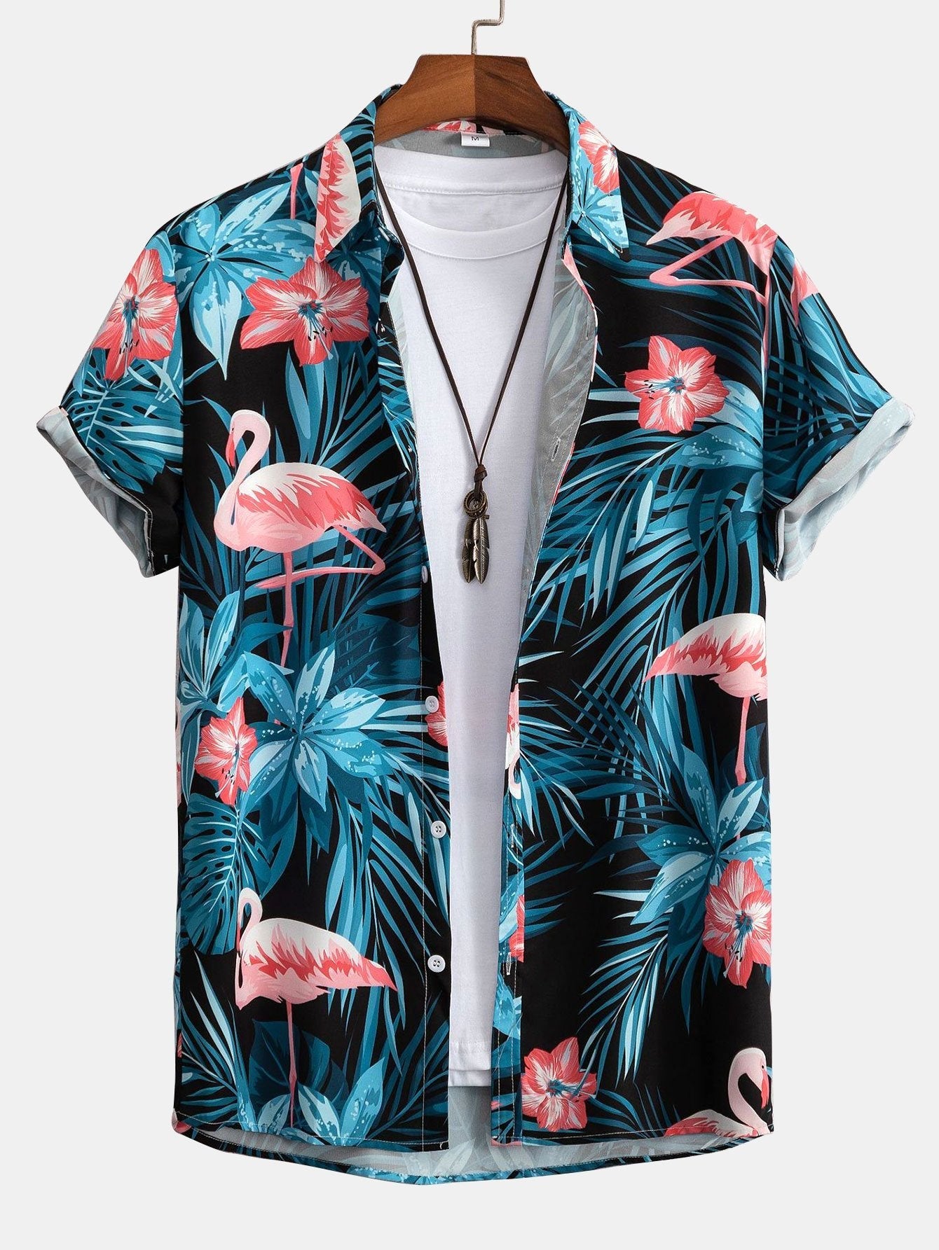 Camisa com botões e estampa tropical de flamingo e shorts de banho