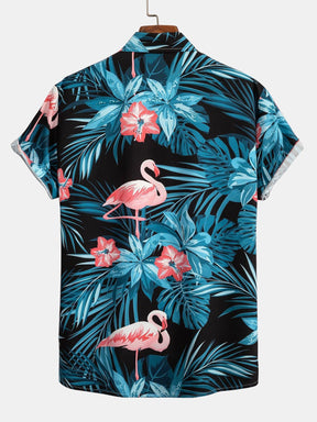 Camisa com botões e estampa tropical de flamingo e shorts de banho