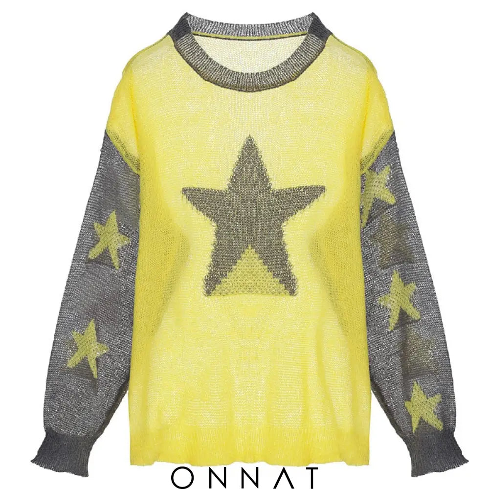 Knit Mesh Star Pattern Contrast Sweater Yellow / One Size Sweaters & Cardigans