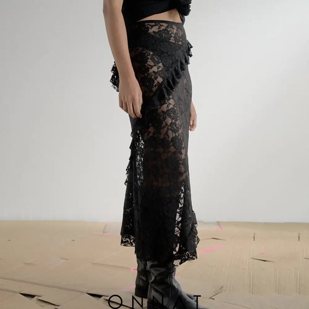 Lace Sheer Frill Maxi Dress Skirts