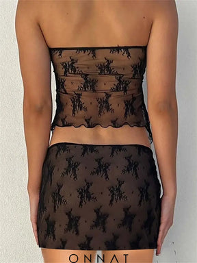 Lace Strapless Tie-Up Top And Mini Skirt Set Women’s Sets