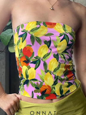 Lemon Foliage Print Tube Top Pink / S Shirts