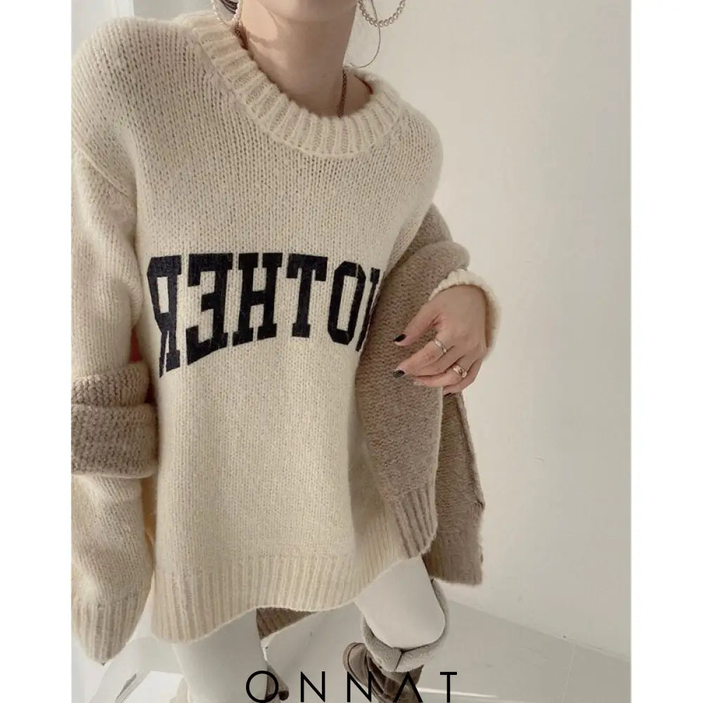 Letter Print Knit Sweater Creamy-White / One Size Sweaters & Cardigans