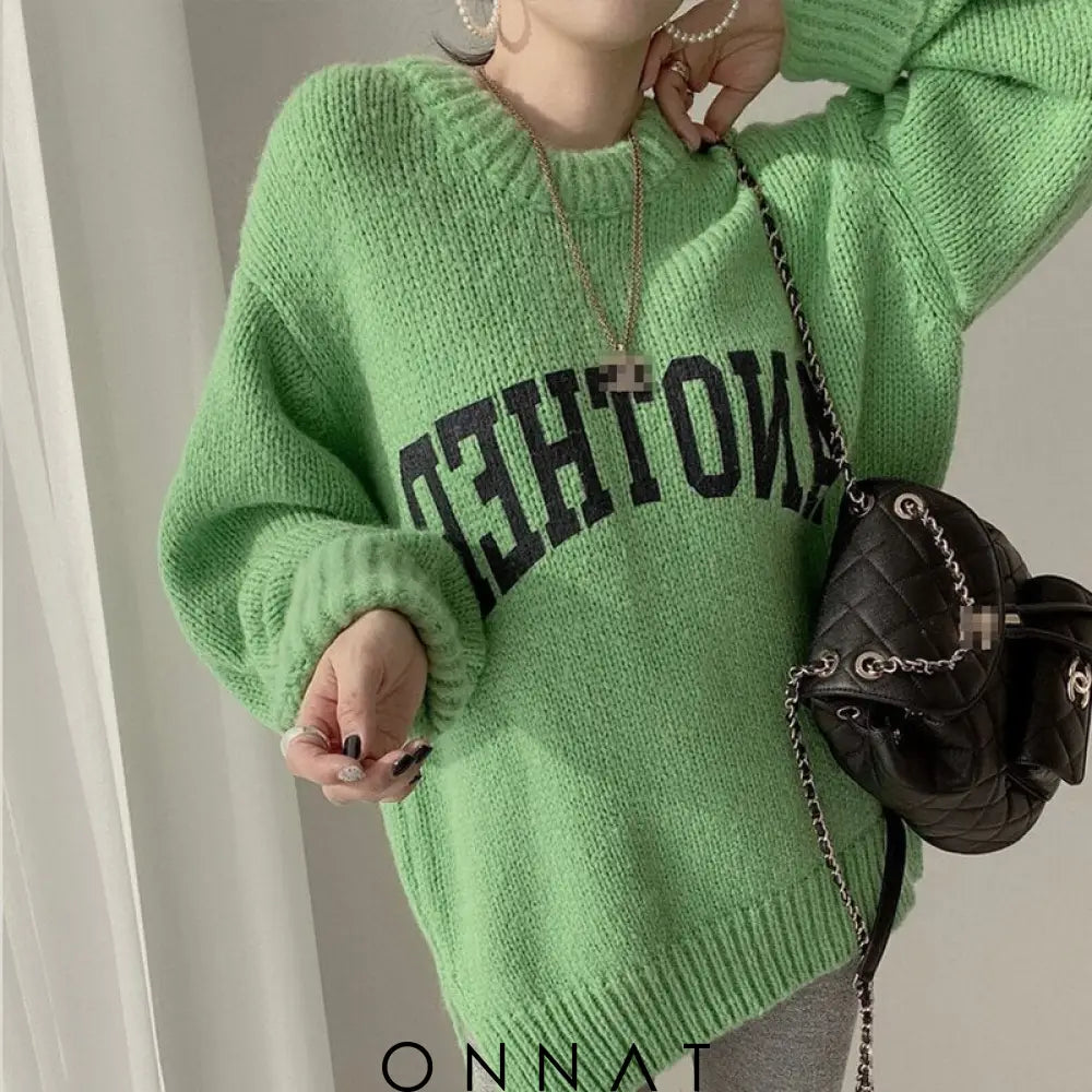 Letter Print Knit Sweater Green / One Size Sweaters & Cardigans