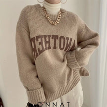 Letter Print Knit Sweater Khaki / One Size Sweaters & Cardigans