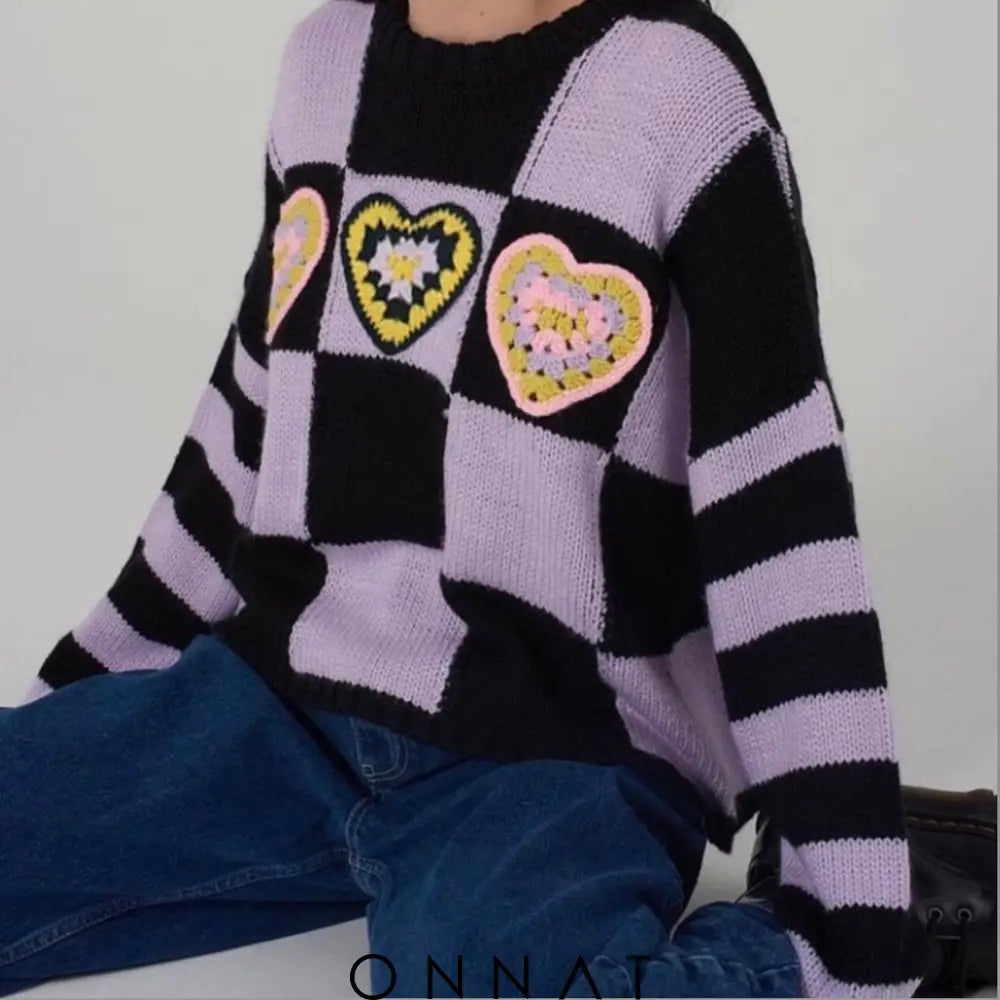 Lilac Checkerboard Heart Patchwork Sweater S / Black And Sweaters & Cardigans