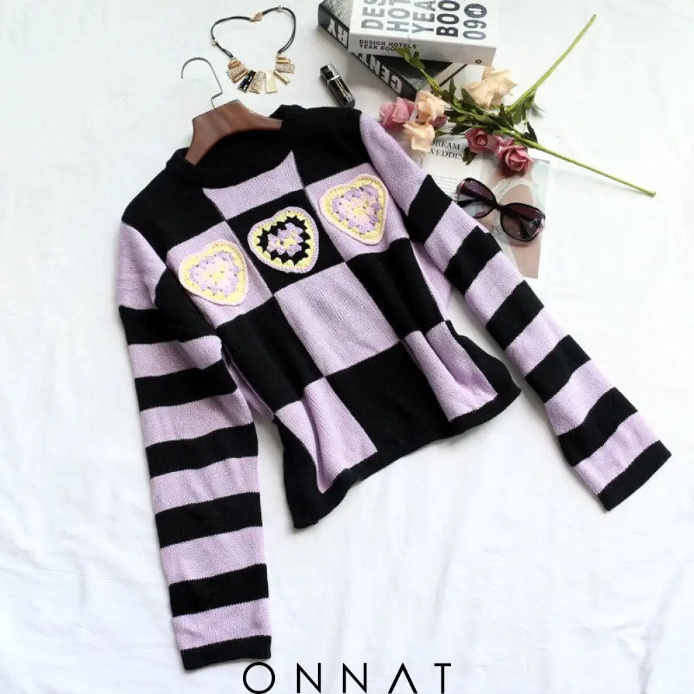 Lilac Checkerboard Heart Patchwork Sweater Sweaters & Cardigans