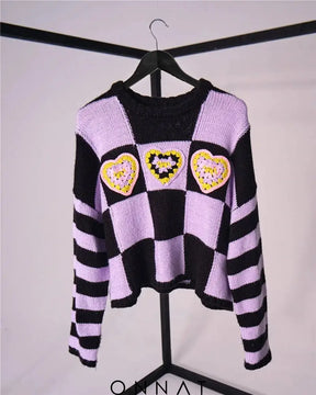 Lilac Checkerboard Heart Patchwork Sweater Sweaters & Cardigans