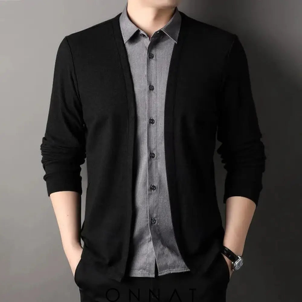 Men’s Fake Two Piece Shirt Collar Knitted Cardigan Black / Medium Menswear