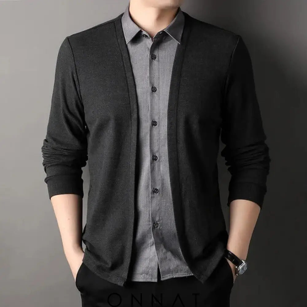 Men’s Fake Two Piece Shirt Collar Knitted Cardigan Dark Grey / Medium Menswear