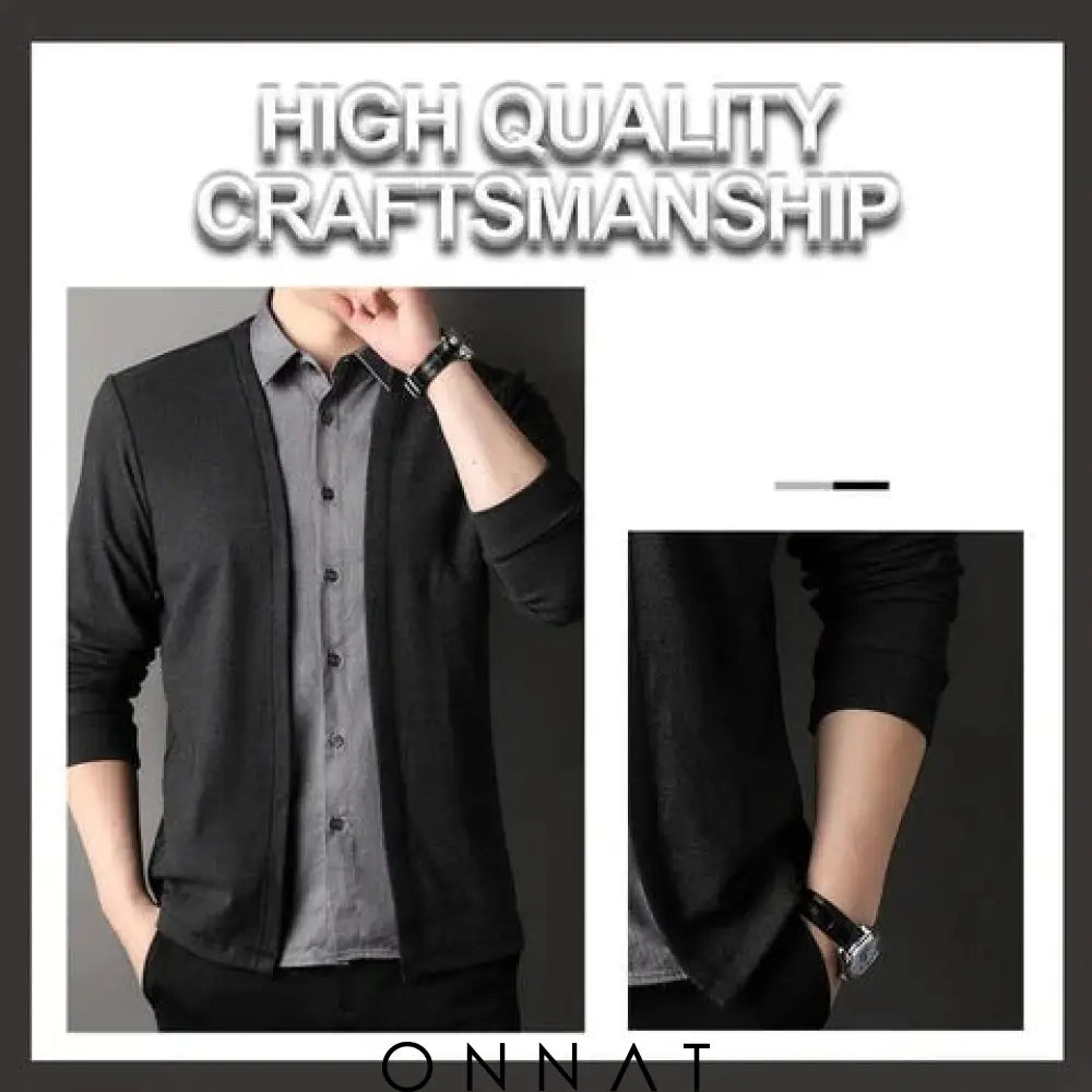 Men’s Fake Two Piece Shirt Collar Knitted Cardigan Menswear