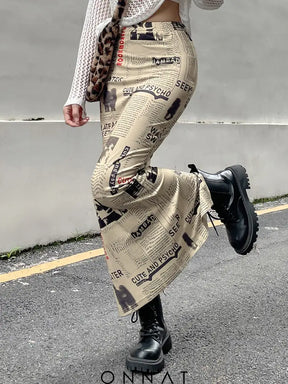 Newspaper Print Long Skirt Khaki / S Skirts