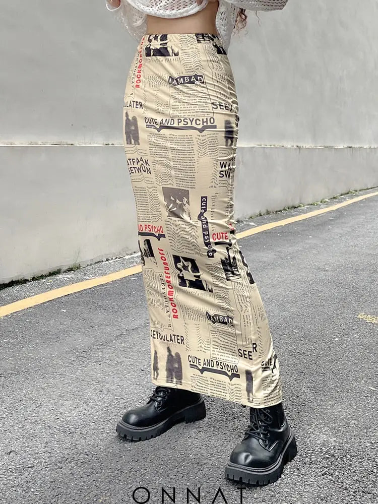 Newspaper Print Long Skirt Skirts