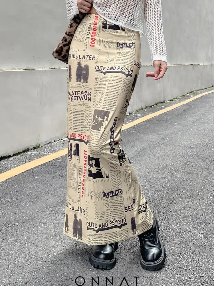 Newspaper Print Long Skirt Skirts