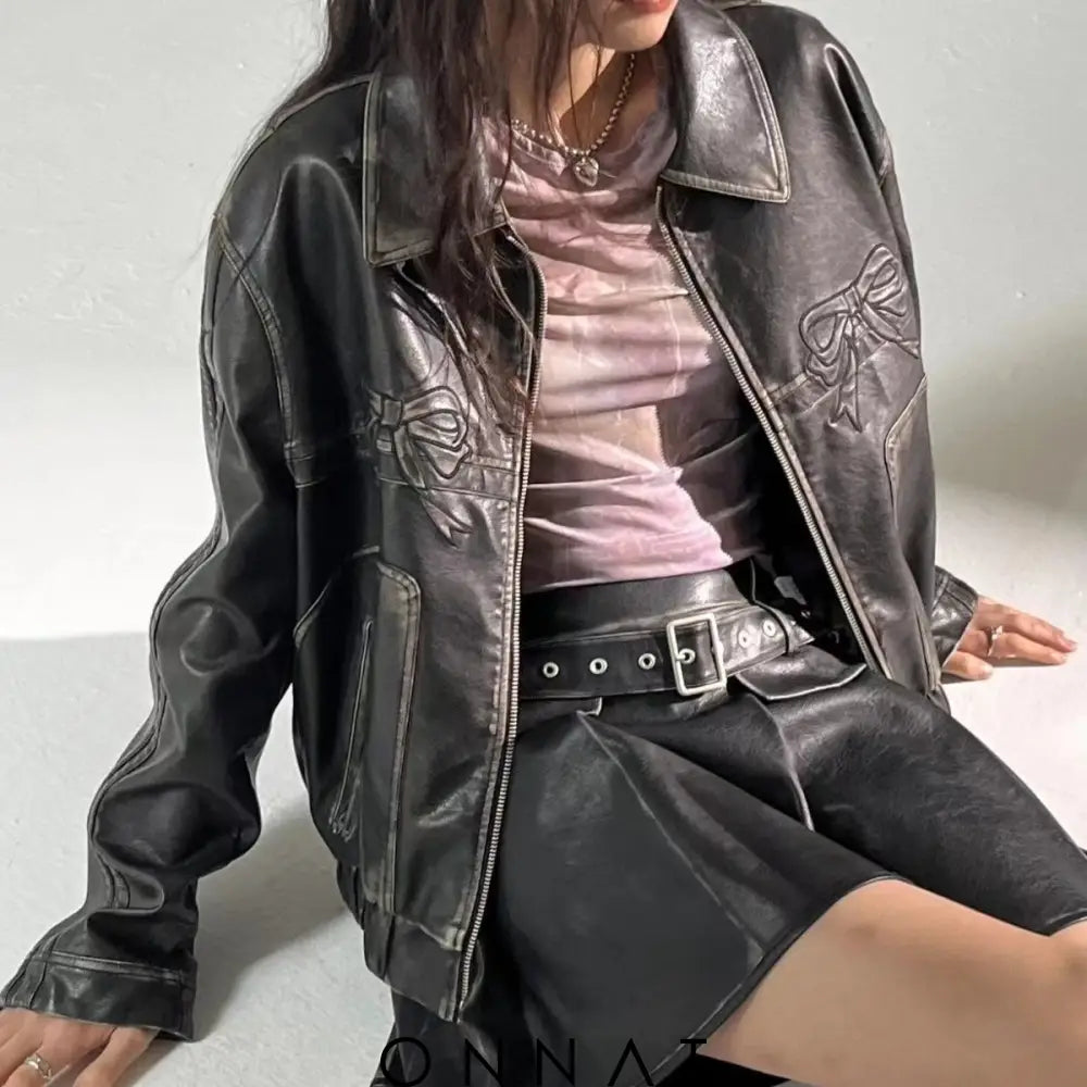 Noir Lace Elegance Leather Jacket Coats & Jackets