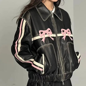 Noir Lace Elegance Leather Jacket Pink / S Coats & Jackets