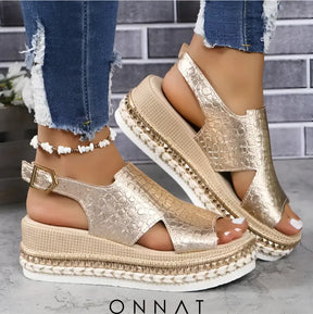 Noor™ - De Perfecte Sandalen Goud Met Krokodillen Patroon / 36