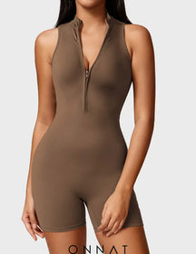 Onnat Belle Sleeveless Zipper Romper Coffee / S Jumpsuits