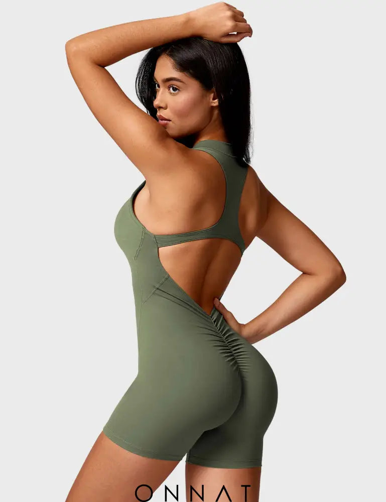 Onnat Emma Backless Zipper Romper Army Green / S Jumpsuits