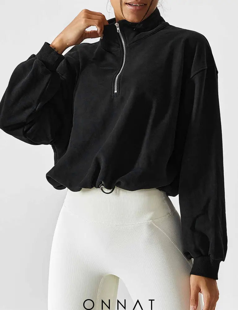 Onnat Half Zip High Neck Crop Sweatshirt Black / S Tops