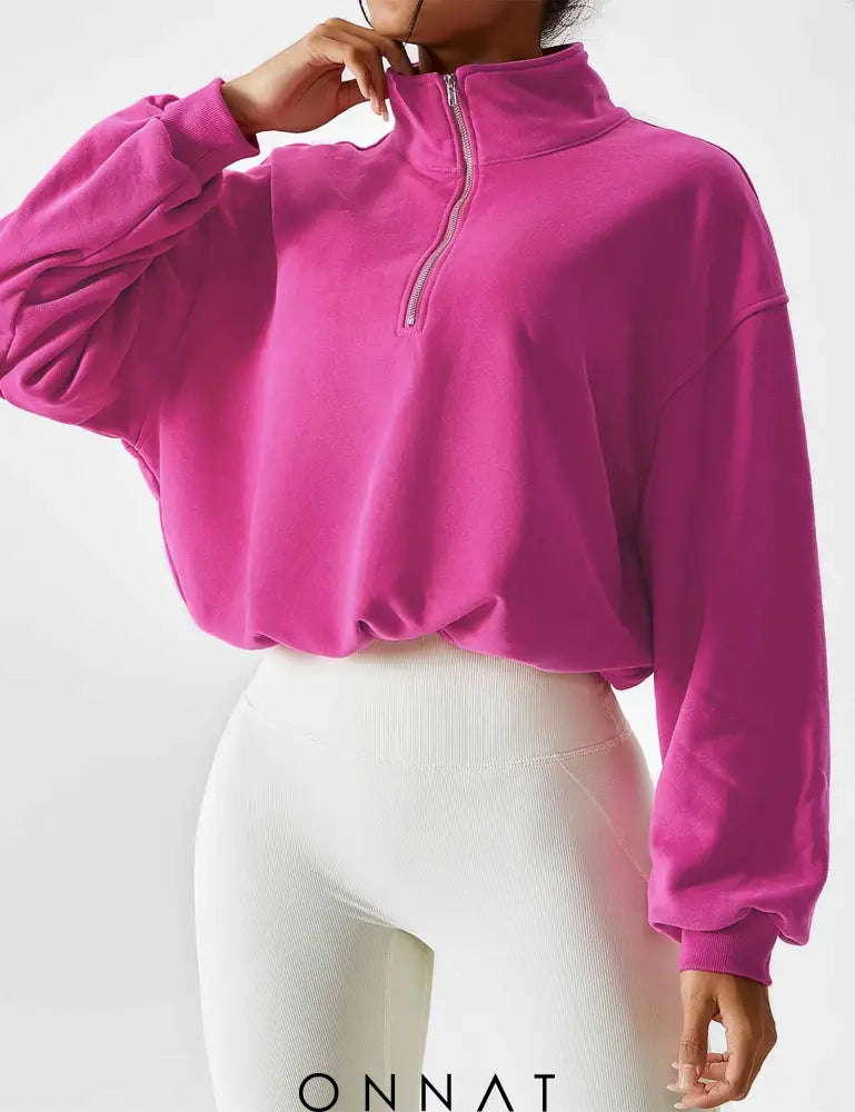 Onnat Half Zip High Neck Crop Sweatshirt Rose / S Tops