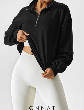 Onnat Half Zip High Neck Crop Sweatshirt Tops