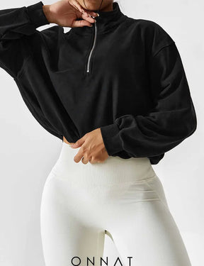 Onnat Half Zip High Neck Crop Sweatshirt Tops