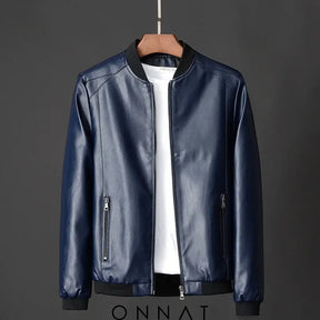 Onnat Leather Baseball Jacket Navy Blue / S Menswear