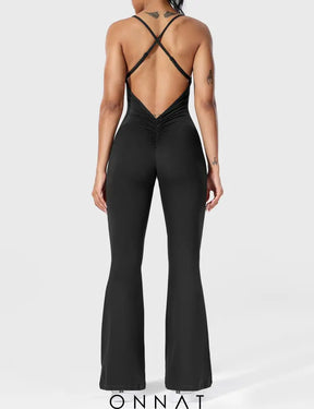 Onnat Liza V-Back Cross Flared Jumpsuit Black / S Jumpsuits