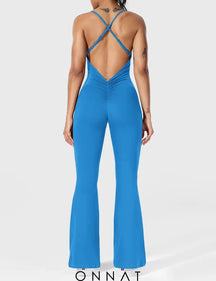 Onnat Liza V-Back Cross Flared Jumpsuit Blue / S Jumpsuits