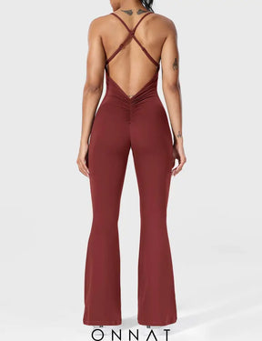 Onnat Liza V-Back Cross Flared Jumpsuit Burgundy / S Jumpsuits