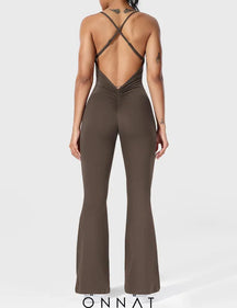 Onnat Liza V-Back Cross Flared Jumpsuit Coffee / S Jumpsuits