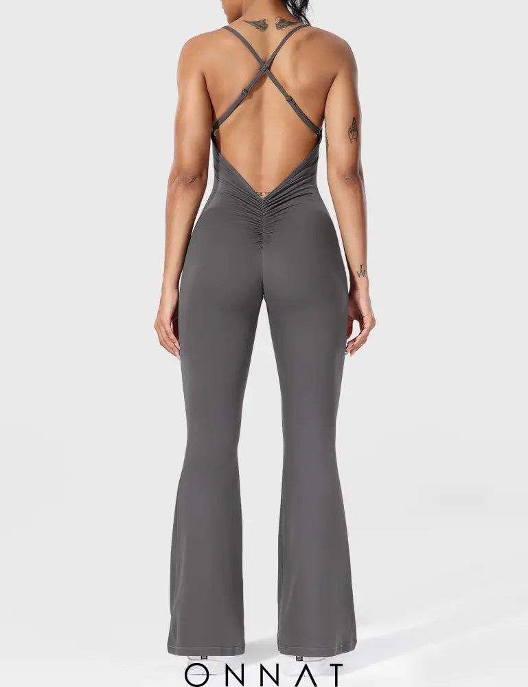 Onnat Liza V-Back Cross Flared Jumpsuit Dark Grey / S Jumpsuits