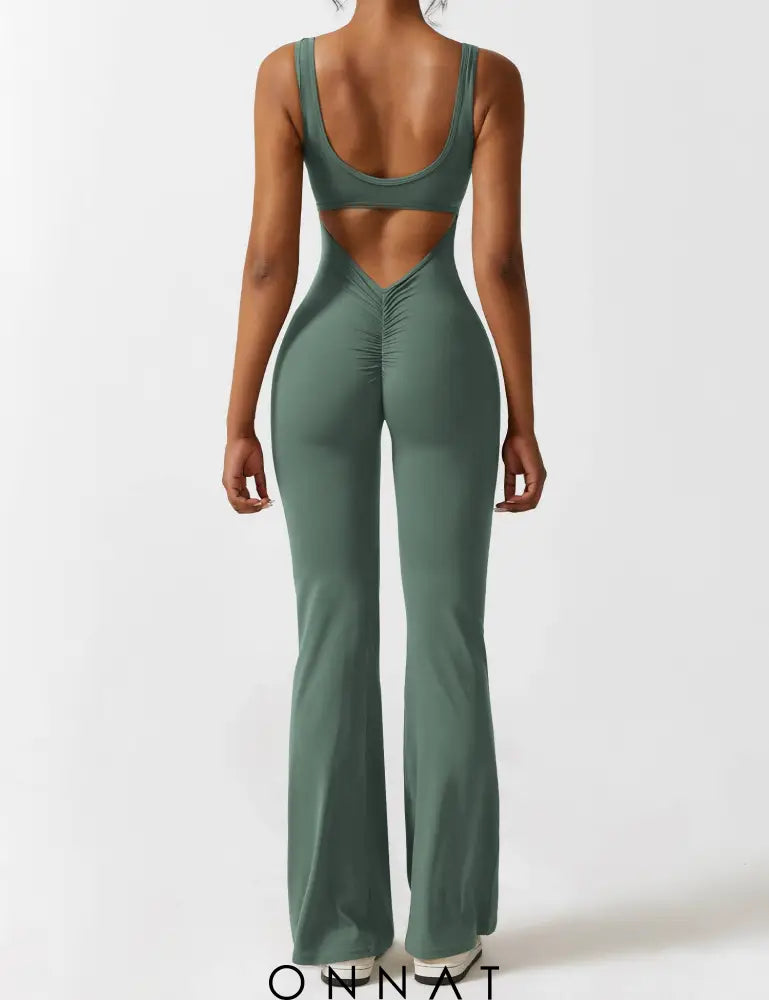 Onnat Lizvette V-Back Jumpsuit Flared / Basil Green Xs Jumpsuits