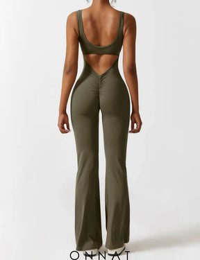 Onnat Lizvette V-Back Jumpsuit Flared / Olive Green Xs Jumpsuits