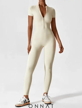 Onnat Long Sleeve/ Short Sleeve Zipper Jumpsuit / Beige S Jumpsuits