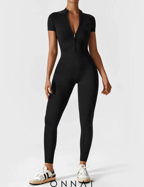 Onnat Long Sleeve/ Short Sleeve Zipper Jumpsuit / Black S Jumpsuits